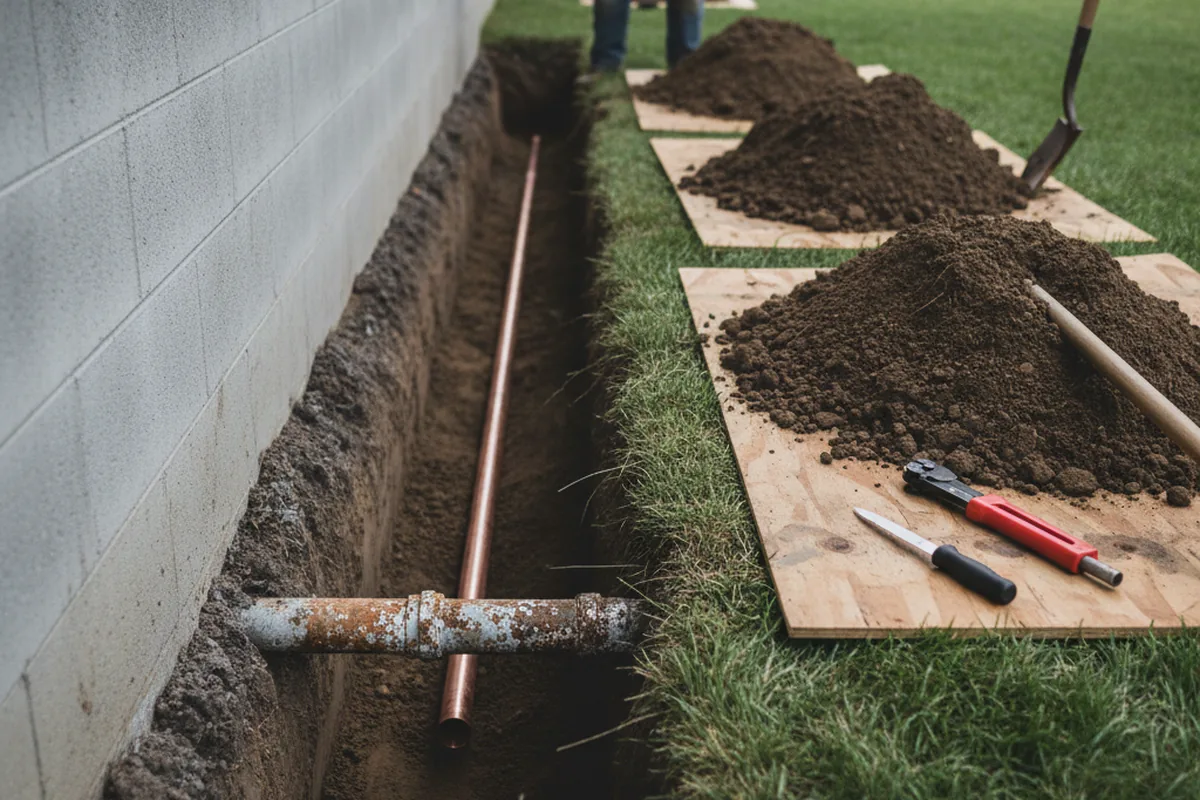 Excavated water line trench during Water Softener Installation in Lore City